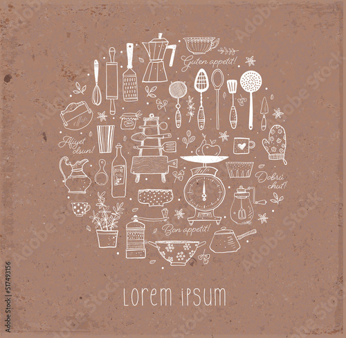 Design template with doodle kitchen utensils and place for your text on brown parcel paper background