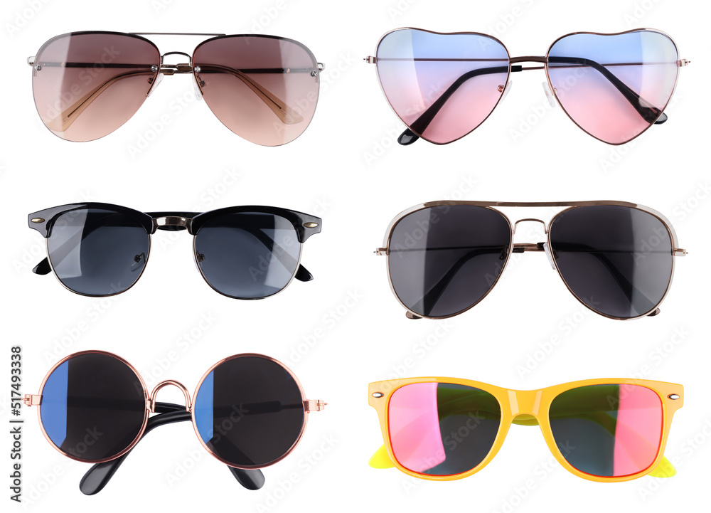 Set with different stylish sunglasses on white background Set with different stylish sunglasses on white background