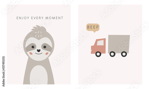 Hand drawn cute sloth and toy truck bohemian style. Funny collection baby posters. Wall art nursery. Kids vector print. Design  textiles, packaging, postcards. The phrase enjoy every moment.