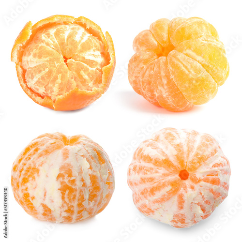 Set with tasty ripe tangerines on white background