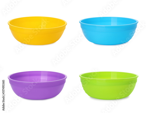 Set with colorful bowls on white background. Serving baby food