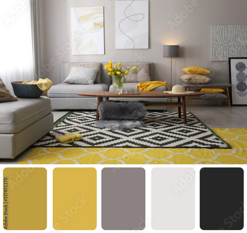 Wallpaper Mural Color palette and photo of stylish living room interior. Collage Torontodigital.ca
