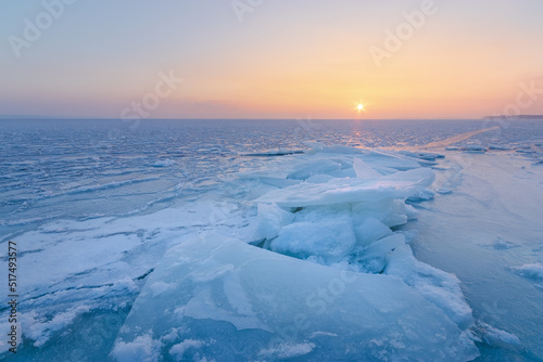 dawn on an icy lake, dawn winter morning winter landscape