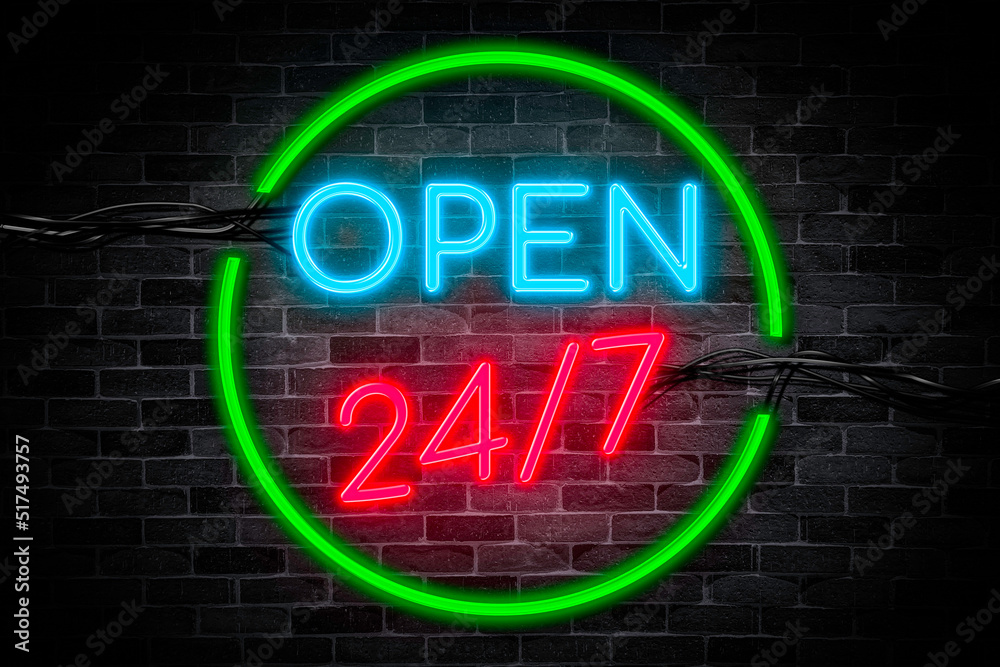 We are OPEN neon banner on brick wall background, light signboard on the night. We are OPEN neon banner on brick wall background, light signboard on the night.