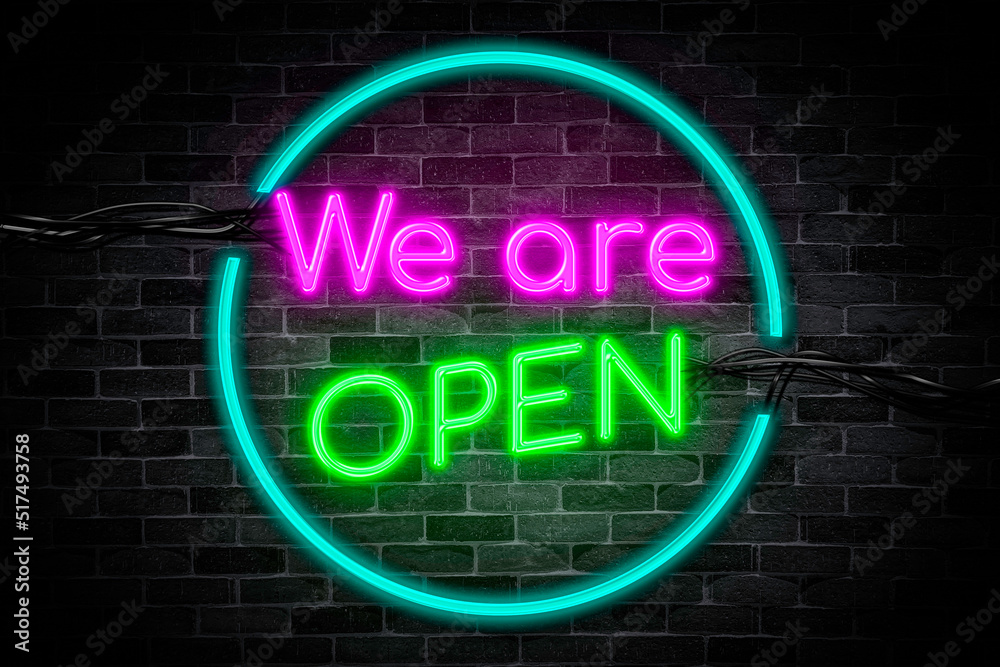 Open 24 hours 7 days neon banner on brick wall background, light signboard on the night. Open 24 hours 7 days neon banner on brick wall background, light signboard on the night.