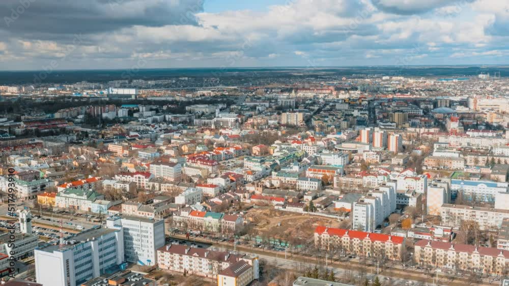 Brest, Belarus. Brest Cityscape Skyline In Spring Day. Bird's-eye View Of Residential Districts. Time Lapse Hyperlapse Springtime. Brest, Belarus. Brest Cityscape Skyline In Spring Day. Bird's-eye View Of Residential Districts. Time Lapse Hyperlapse Springtime.