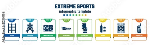extreme sports concept infographic design template. included trellis, first prize, basketball field, soccer boots, yellow card, doping, blue card, variometer icons and 8 options or steps.