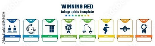 winning red concept infographic design template. included munition, routine, offside, down indicator, resistance band, squats, electric unicycle, first place icons and 8 options or steps.