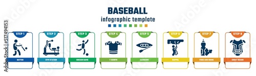 baseball concept infographic design template. included batter, gym station, soccer game, t-shirts, canoeing, rappel, food and drink, chest guard icons and 8 options or steps.