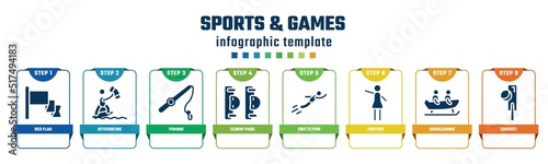 sports & games concept infographic design template. included red flag, kitesurfing, fishing, elbow pads, free flying, hostess, bobsledding, crocket icons and 8 options or steps.