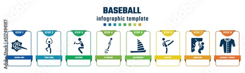 baseball concept infographic design template. included crank arm, yoga pose, catcher, flyboard, catamaran, master, abseiling, baseball jersey icons and 8 options or steps.