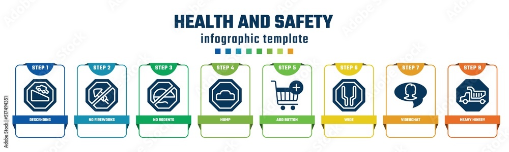 health and safety concept infographic design template. included descending, no fireworks, no rodents, hump, add button, wide, videochat, heavy hinery icons and 8 options or steps. health and safety concept infographic design template. included descending, no fireworks, no rodents, hump, add button, wide, videochat, heavy hinery icons and 8 options or steps.