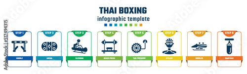 thai boxing concept infographic design template. included hurdle, arena, sledding, bench press, tire pressure, cyclist, bobsled, sand bag icons and 8 options or steps.
