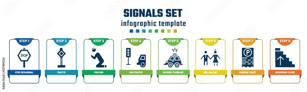 signals set concept infographic design template. included stop hexagonal, traffic, praying, car traffic, hackney carriage, girl and boy, parking ticket, ascending stairs icons and 8 options or