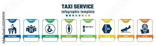 taxi service concept infographic design template. included baby changer, square hotel, wheelchair side view, men toilet, parking barrier, t junction, landing, taxi stop icons and 8 options or steps.