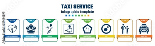 taxi service concept infographic design template. included electrocardiogram inside heart, ecological bicycle transport, running, handicapped, narrow road, men, father and child, solar taxi icons