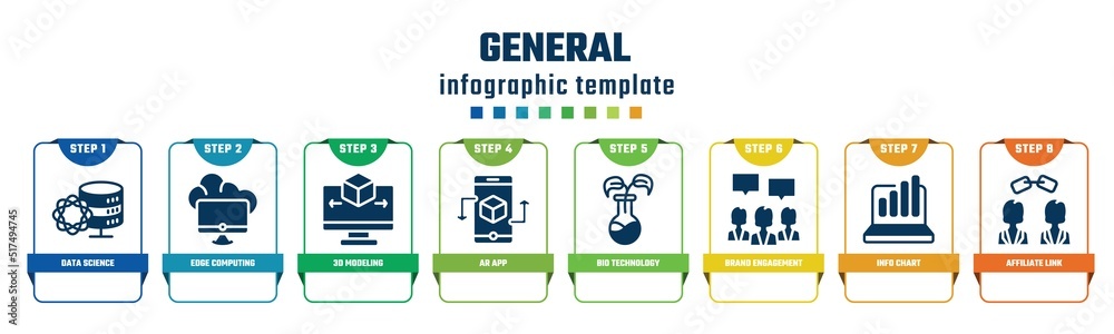 general concept infographic design template. included data science, edge computing, 3d modeling, ar app, bio technology, brand engagement, info chart, affiliate link icons and 8 options or steps. general concept infographic design template. included data science, edge computing, 3d modeling, ar app, bio technology, brand engagement, info chart, affiliate link icons and 8 options or steps.