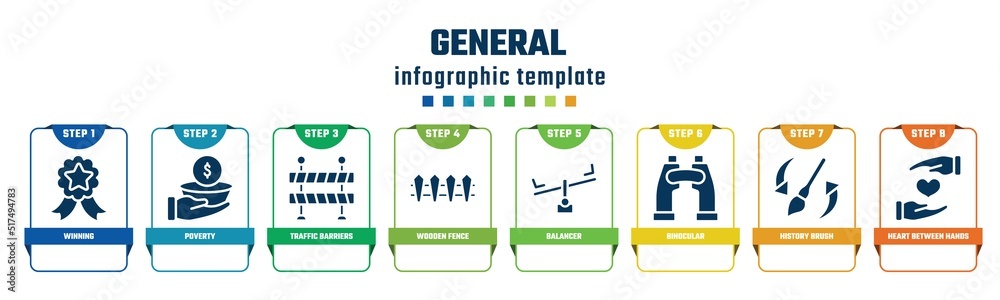 general concept infographic design template. included winning, poverty, traffic barriers, wooden fence, balancer, binocular, history brush, heart between hands icons and 8 options or steps.