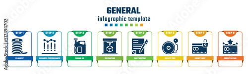 general concept infographic design template. included filament, business performance, engine oil, 3d printing, copywriting, inflate tire, credit limit, credit rating icons and 8 options or steps.