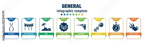 general concept infographic design template. included nail puller, party decoration, sand, go green badge, perforator, live paint, analog stopwatch, heart in flames icons and 8 options or steps.