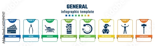 general concept infographic design template. included credit cards, nippers, deckchair, birthday present, clockwise, teddy bear with sleep hat, man with open arms, sledgehammer icons and 8 options