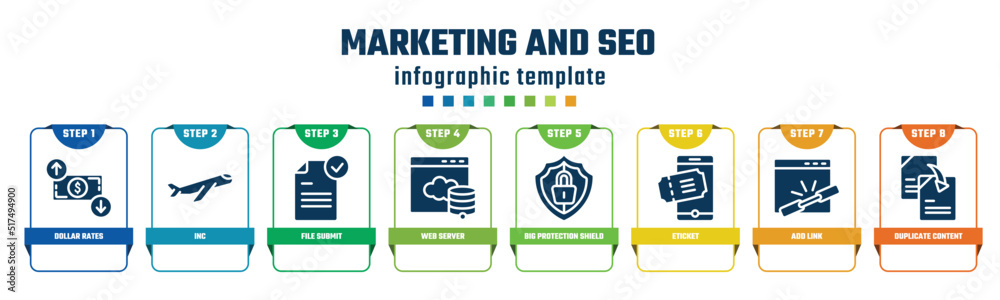 marketing and seo concept infographic design template. included dollar rates, inc, file submit, web server, big protection shield, eticket, add link, duplicate content icons and 8 options or steps.