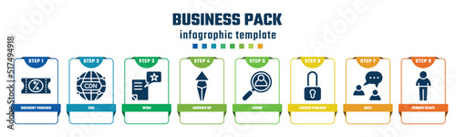 business pack concept infographic design template. included discount voucher, cdn, wish, arrows up, hiring, locked padlock, buzz, person shape icons and 8 options or steps.