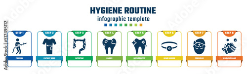 hygiene routine concept infographic design template. included fireman, patient robe, intestine, caries, orthodontic, head mirror, forehead, washing hand icons and 8 options or steps.
