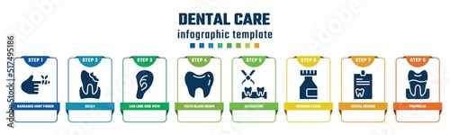 dental care concept infographic design template. included bandaged hurt finger, decay, ear lobe side view, teeth black shape, extraction, medicine flask, dental record, premolar icons and 8 options