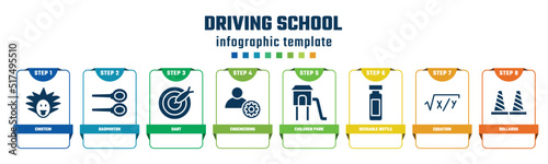 driving school concept infographic design template. included einstein, badminton, dart, engeneering, children park, reusable bottle, equation, bollards icons and 8 options or steps.