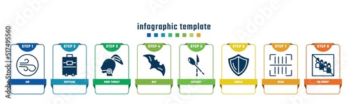 concept infographic design template. included air, suitcase, sore throat, bat, cutlery, shield, scan, no group icons and 8 options or steps.