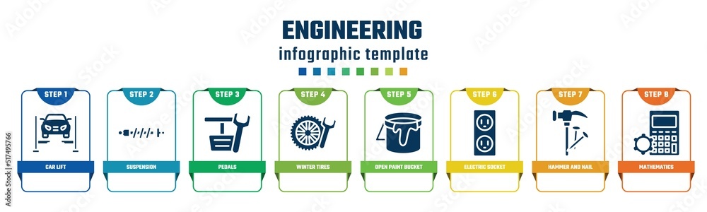 engineering concept infographic design template. included car lift, suspension, pedals, winter tires, open paint bucket, electric socket, hammer and nail, mathematics icons and 8 options or steps. engineering concept infographic design template. included car lift, suspension, pedals, winter tires, open paint bucket, electric socket, hammer and nail, mathematics icons and 8 options or steps.