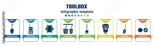 toolbox concept infographic design template. included gardening palette, portable radio, benzene, accelerator, working shovel, ecologic light bulb, cleaning mop, open compass icons and 8 options or