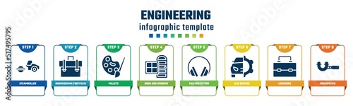 engineering concept infographic design template. included steamroller, businessman portfolio, pallete, door and window, ear protection, car service, lunchbox, micrometer icons and 8 options or