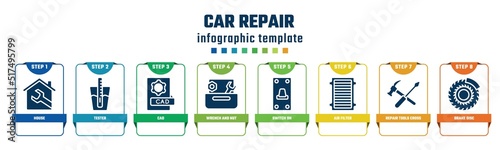 car repair concept infographic design template. included house, tester, cad, wrench and nut, switch on, air filter, repair tools cross, brake disc icons and 8 options or steps.