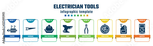 electrician tools concept infographic design template. included starter, hacksaw, head protection, bidet, crimping pliers, cross stitch, engine oil, ammeter icons and 8 options or steps.