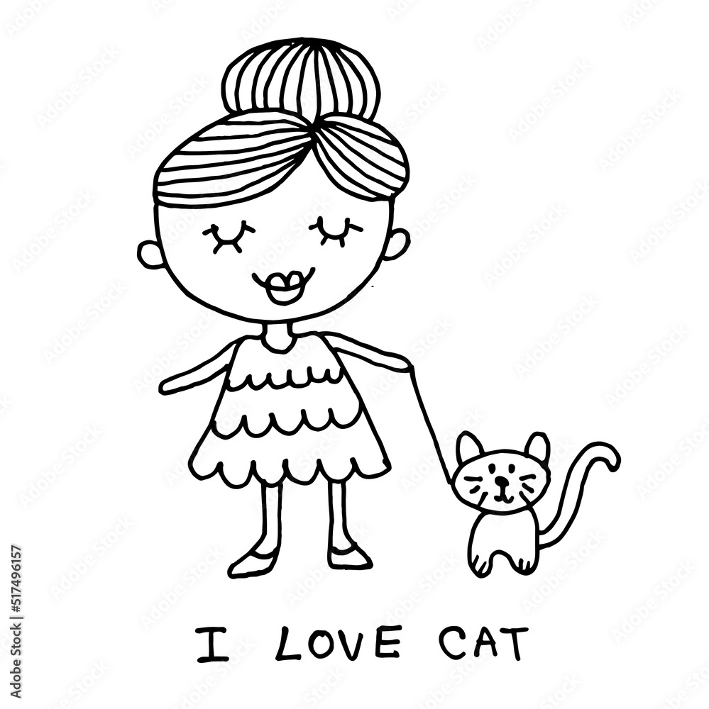 Cute girl with cat , cartoon doodle hand drawing , black line on white background Cute girl with cat , cartoon doodle hand drawing , black line on white background