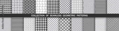 Collection of vector seamless geometric patterns. Monochrome repeatable backgrounds. Simple black and white textures, textile prints