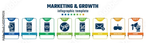 marketing & growth concept infographic design template. included half moon, 2g, hang, no drone zone, missed call, deleted, virtual reality glasses, strenght icons and 8 options or steps.