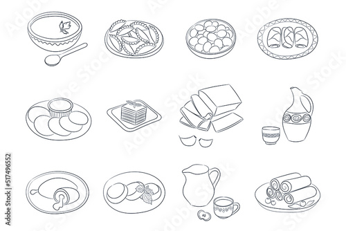 Sketch set of Ukrainian national cuisine dishes, vector, isolate on white background