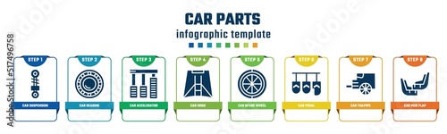 car parts concept infographic design template. included car suspension, car bearing, accelerator, hood, spare wheel, pedal, tailpipe, mud flap icons and 8 options or steps.