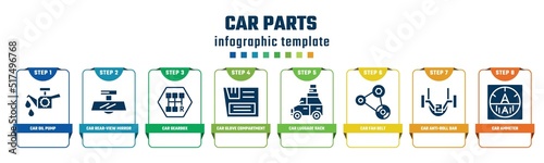 car parts concept infographic design template. included car oil pump, car rear-view mirror, gearbox, glove compartment, luggage rack, fan belt, anti-roll bar, ammeter icons and 8 options or steps.