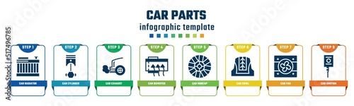 car parts concept infographic design template. included car radiator, car cylinder, exhaust, demister, hubcap, cowl, fan, ignition icons and 8 options or steps.