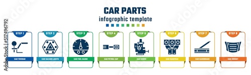 car parts concept infographic design template. included car towbar, car hazard lights, fuel gauge, petrol cap, choke, manifold, handbrake, bonnet icons and 8 options or steps.