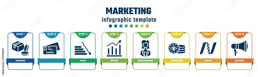 marketing concept infographic design template. included packages, , fallen, demand, businesswoman, casino chips, nasdaq, bullhorn icons and 8 options or steps.
