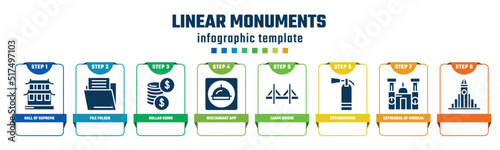linear monuments concept infographic design template. included hall of supreme harmony, file folder, dollar coins, restaurant app, zakim bridge, extinguishing, cathedral of morelia, icons and 8
