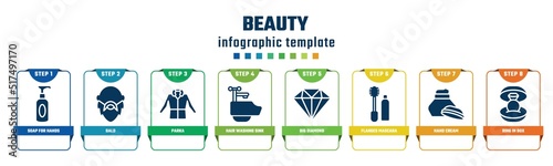 beauty concept infographic design template. included soap for hands, bald, parka, hair washing sink, big diamond, flanges mascara, hand cream, ring in box icons and 8 options or steps.