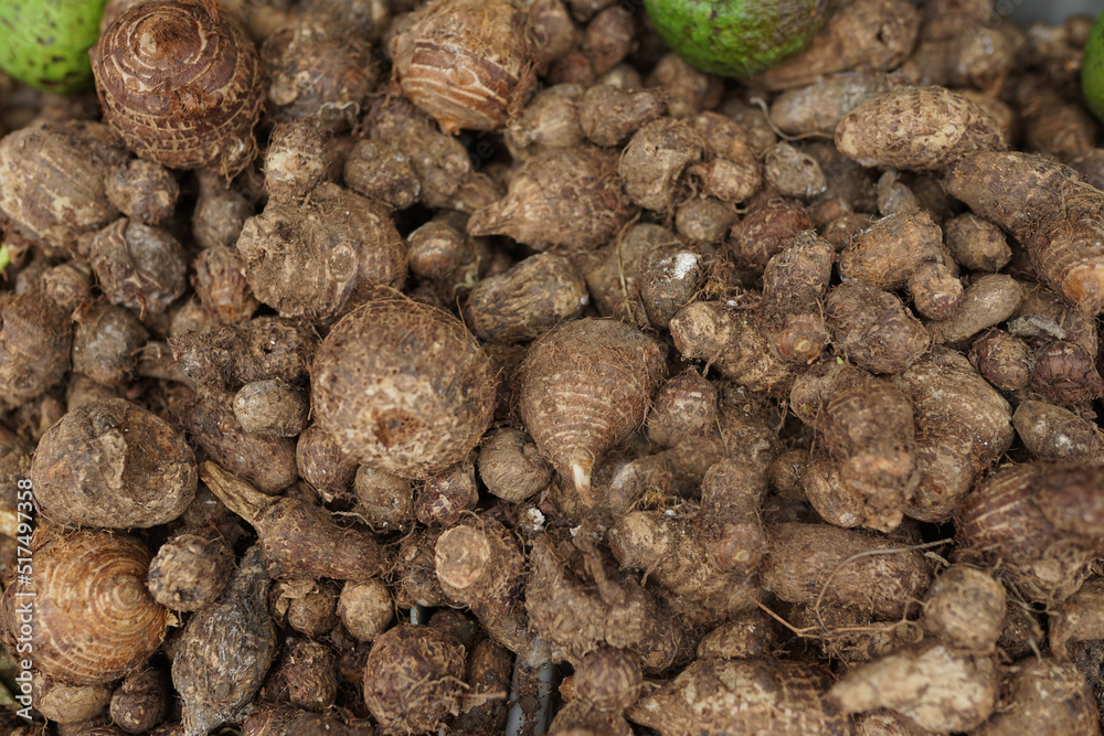 healthy and fresh taro neatly arranged for sale in the market. healthy and fresh vegetable background healthy and fresh taro neatly arranged for sale in the market. healthy and fresh vegetable background