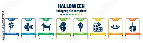 halloween concept infographic design template. included four leaf clover, fish, plain dog, vampire, plain tree, hotel building, birds in nest, caramelized icons and 8 options or steps.