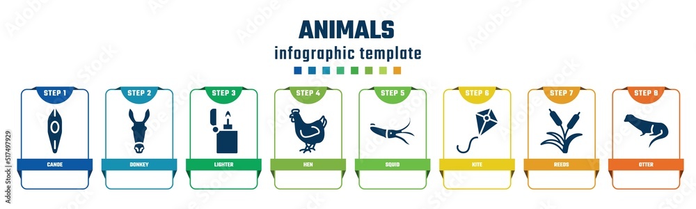 animals concept infographic design template. included canoe, donkey, lighter, hen, squid, kite, reeds, otter icons and 8 options or steps. animals concept infographic design template. included canoe, donkey, lighter, hen, squid, kite, reeds, otter icons and 8 options or steps.